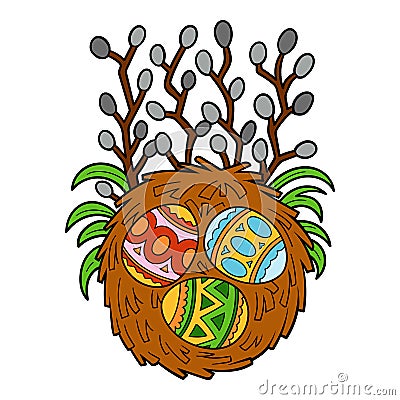 Cartoon illustration for children, Easter illustration birds nest and colored eggs and willow Vector Illustration