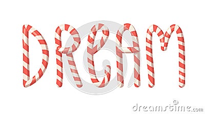 Cartoon vector illustration Christmas Candy Cane. Hand drawn font. Actual Creative Holidays sweet alphabet and word DREAM Cartoon Illustration