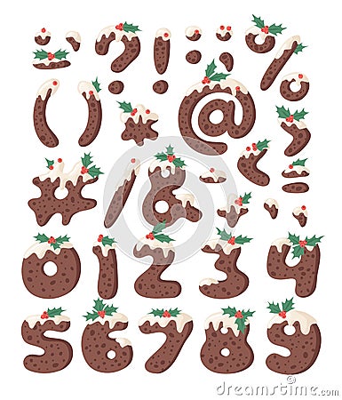 Cartoon vector illustration Christmas Pudding. Hand drawn font. Actual Creative Holidays bake alphabet, numbers and signs Vector Illustration