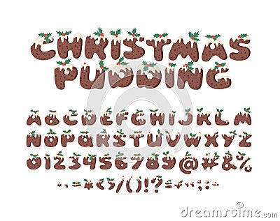 Cartoon vector illustration Christmas Pudding. Hand drawn font. Actual Creative Holidays bake alphabet, numbers and signs Cartoon Illustration