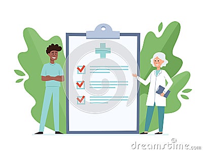 Cartoon vector illustration of doctor and nurse near big clipboard Vector Illustration
