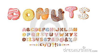 Cartoon vector illustration donut. Hand drawn font with sweet bun. Actual Creative art bake alphabet Vector Illustration