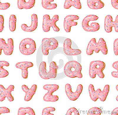Cartoon vector illustration donuts letters and numbers. Hand drawn seamless pattern sweet bun. Actual Creative art work bake Cartoon Illustration