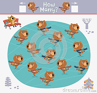 Cartoon Vector Illustration of Education Counting Game for Preschool Children. How many bearsare skating on the ice rink Vector Illustration