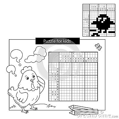 Puzzle Game for school Children. Chick with worm. Black and white japanese crossword with answer. Coloring book for kids Vector Illustration