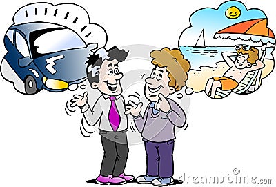 Cartoon Vector illustration of a family man there think what to choose new car or holiday Vector Illustration