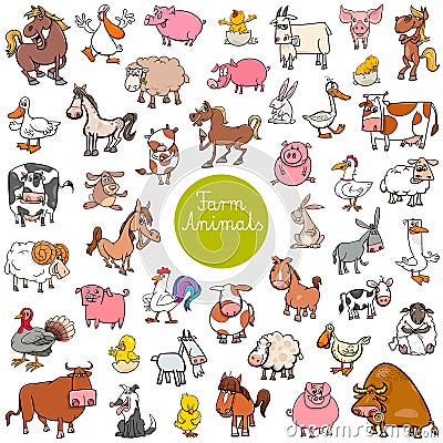 Cartoon farm animal characters big set Vector Illustration