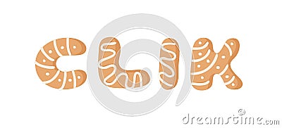 Cartoon vector illustration Ginger bread Cookies word CLIK. Hand drawn Christmas font. Actual Creative Holidays bake alphabet Cartoon Illustration