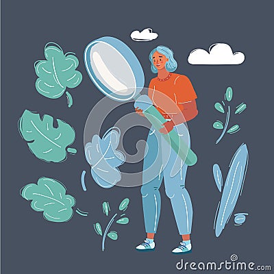 Cartoon vector illustration of Girl looks in big magnifier and is surprised Vector Illustration