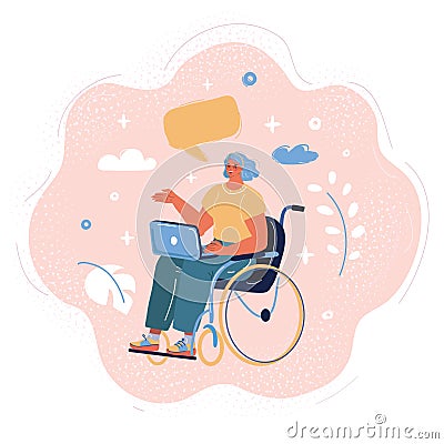 Vector illustration of handicapped woman in wheelchair in a office working on a computer Vector Illustration