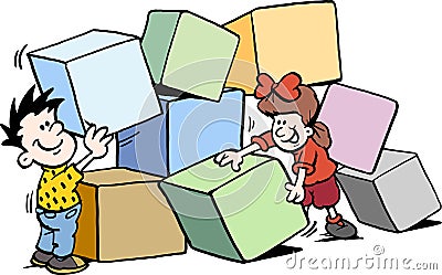 Cartoon Vector illustration of happy Children building with big Bricks Vector Illustration