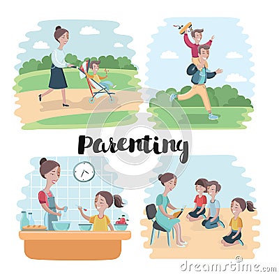 Cartoon vector illustration of happy family sitting on the floor. White circle on the blue background Vector Illustration