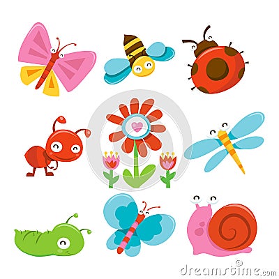 Happy Sweet Garden Bugs Icons Vector Illustration