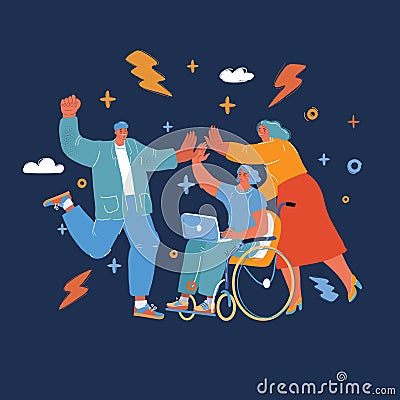 Vector illustration of high five helping to disabled and elderly people. Volunteering concept over dark background Vector Illustration