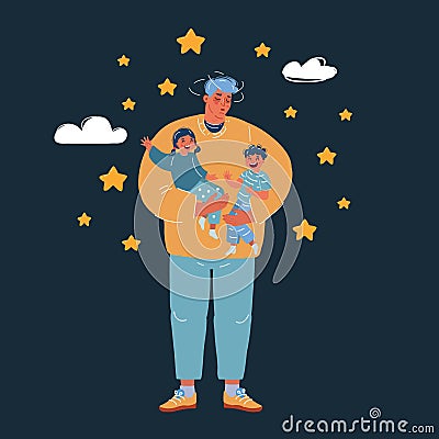 Vector illustration of Hysterical young tired father with two young children on dark backround. Vector Illustration