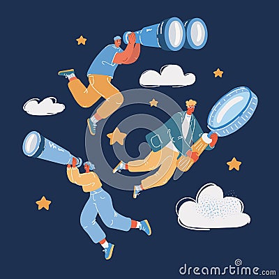 Cartoon vector illustration of Investigation, looking for something concept. Woman and man fly in sky who looking Vector Illustration