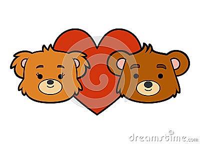 Cartoon vector illustration, Loving couple of bears and a big heart Vector Illustration