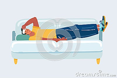 Man have headache lay with headache on sofa on white background Vector Illustration