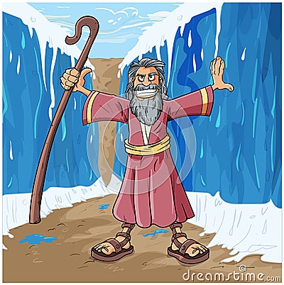 Cartoon vector illustration of Moses parting the Red sea Vector Illustration