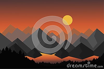 Cartoon vector illustration of mountain landscape with lake or river and forest with foreground trees under dramatic sky Vector Illustration