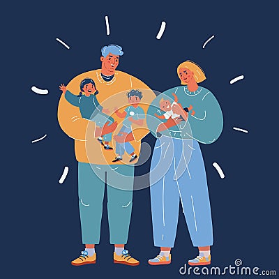 Vector illustration of Portrait of four member family posing together smiling happy. Father, mother and their kids. over Vector Illustration