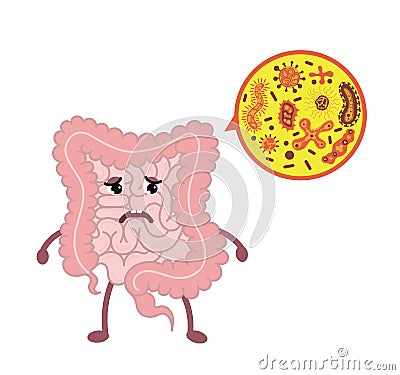 Cartoon vector illustration sad unhealthy intestine.Stomach character illustration icon design. Microscopic bacterias. microflora, Vector Illustration