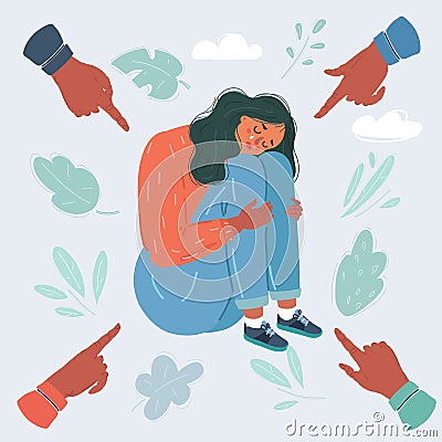 Vector illustration of social public condemnation of young woman. Many fingers pointing at victim of bullying, shame Vector Illustration
