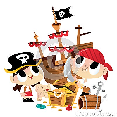 Super Cute Pirate Kids Treasure Hunt Cartoon Illustration