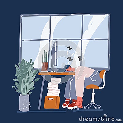 Cartoon vector illustration of Tired businesswoman sleeping on the desk, in front of the computer screen. Vector Illustration