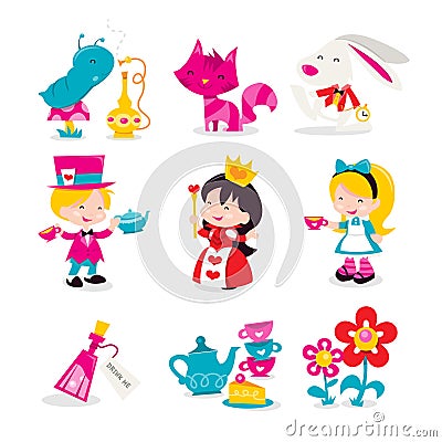 A cartoon vector illustration of whimsical retro Alice In Wonderland theme icons and characters. Included in this set:- Smoking Vector Illustration