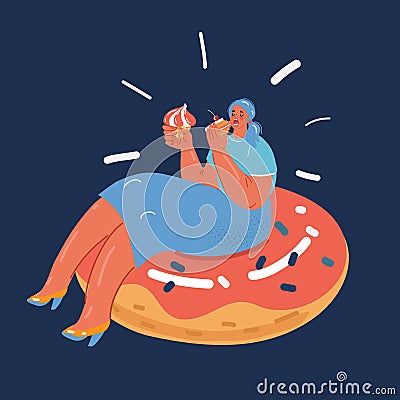 Vector illustration of woman greedily eats big peace of cake in the night and lay on big donut over dark backround Vector Illustration