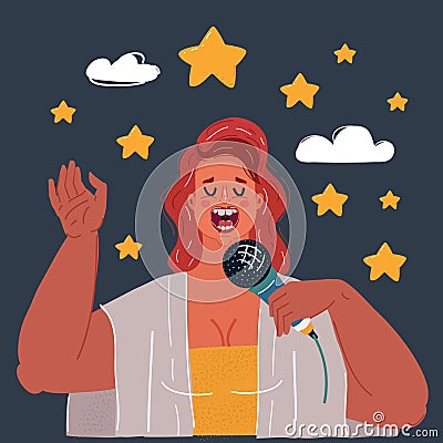 Vector illustration of woman sings into the mic song and star around her. Character on dark background. Vector Illustration