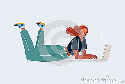 Woman working on a laptop llies on her stomach. Vector Illustration