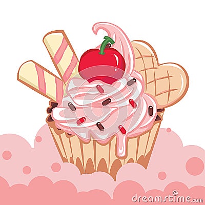 Cartoon vector illustrations of cupcakes. Sweets for birthday party. Sweet dessert food and birthday yummy cupcake Vector Illustration