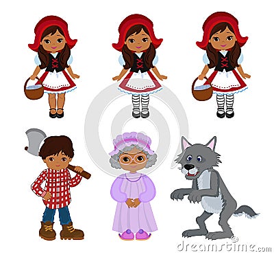 Cartoon Vector Illustrations Set of Little Red Riding Hood Fairy Tale Characters Vector Illustration