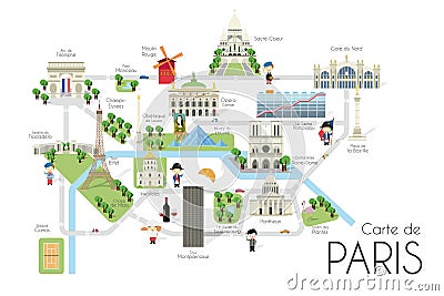 Cartoon vector map of the city of Paris, France. Travel illustration with landmarks and main attractions Vector Illustration