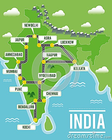 Cartoon vector map of India. Travel illustration with indian main cities. Vector Illustration