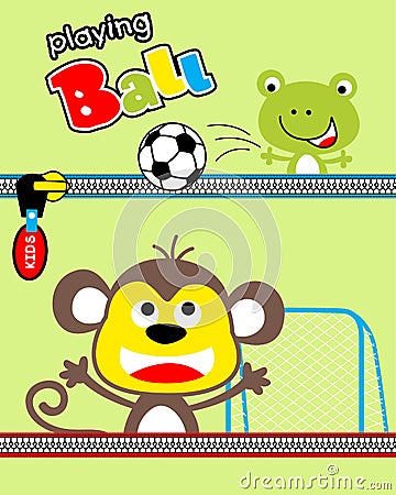 Cartoon vector of monkey with frog play soccer Vector Illustration