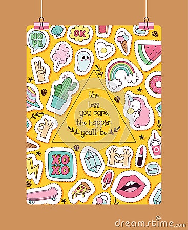 Cartoon vector pattern girlish accessories lipstick icecream kids unicorn rainbow and doghnut sticker illustration Vector Illustration