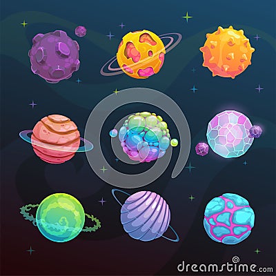 Cartoon vector planets set. Space fantasy assets. Vector Illustration