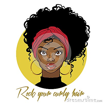 Cartoon vector portrait of an Afro American girl with curly hair, red turban and golden earrings. Fashion Illustration on white ba Vector Illustration