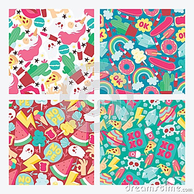 Cartoon vector seamless pattern girlish accessories lipstick icecream kids unicorn rainbow and doghnut illustration Vector Illustration