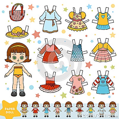 Cartoon vector set, cute paper doll and set of summer clothes Vector Illustration