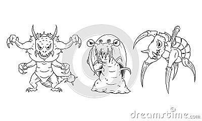 Cartoon Vector set of Dangerous Monsters - Lizard, Snail, Turtle Vector Illustration