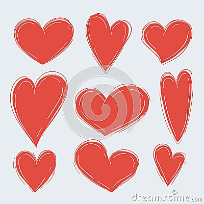 Set of various simple red hearts on white Vector Illustration