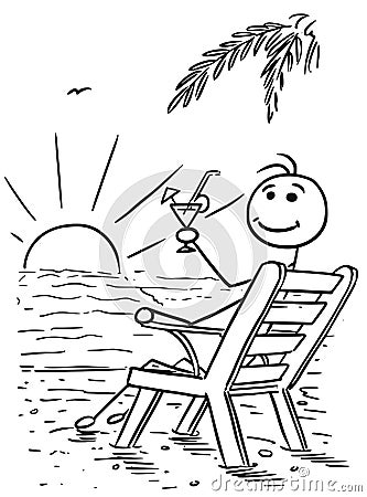 Cartoon Vector Stick Man Relaxing Sitting on the Beach Chair Watching Sunset with Drink Vector Illustration