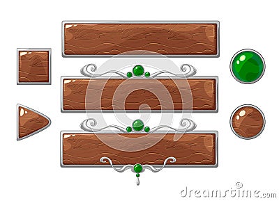 Cartoon vector title wood banners set for fantasy game design. silver ranking frames with gemstones. Isolated on white background Vector Illustration