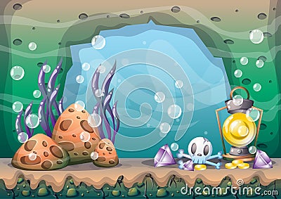 Cartoon vector underwater treasure background with separated layers for game art and animation Vector Illustration