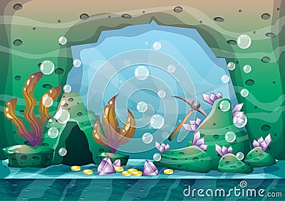 Cartoon vector underwater treasure background with separated layers for game art and animation game Vector Illustration