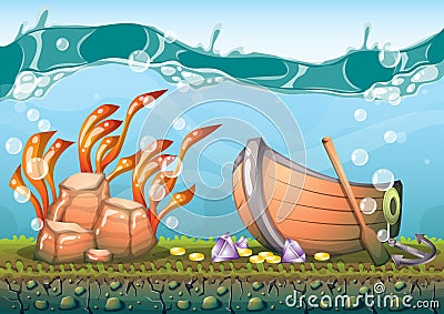 Cartoon vector underwater treasure background with separated layers for game art and animation game Vector Illustration